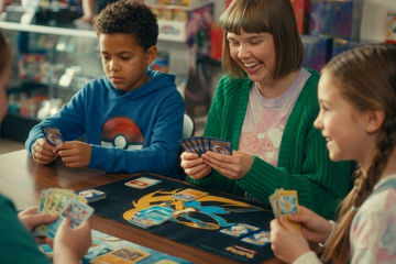 Children playing a board game in a store with a person in the background.