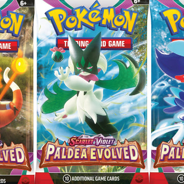 Three Pokémon trading card game packs from the Paldea Evolved series.