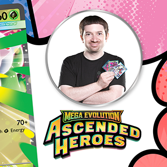 Pokémon trading card featuring Mega Meganium EX with a person holding a card in the background.