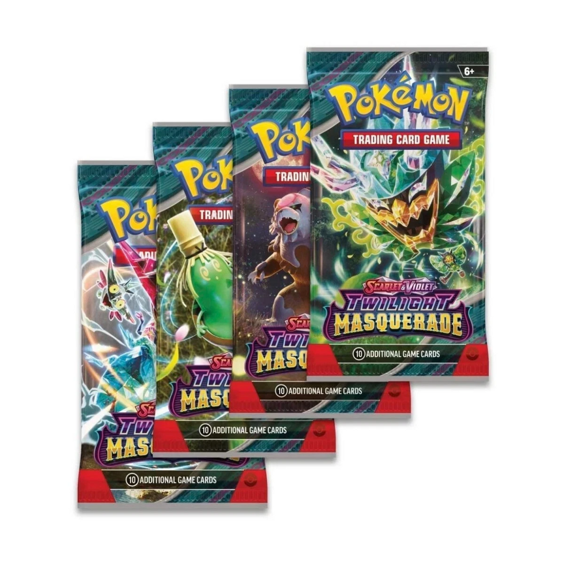 Four packs of Pokémon Trading Card Game Twilight Masquerade on a white background
