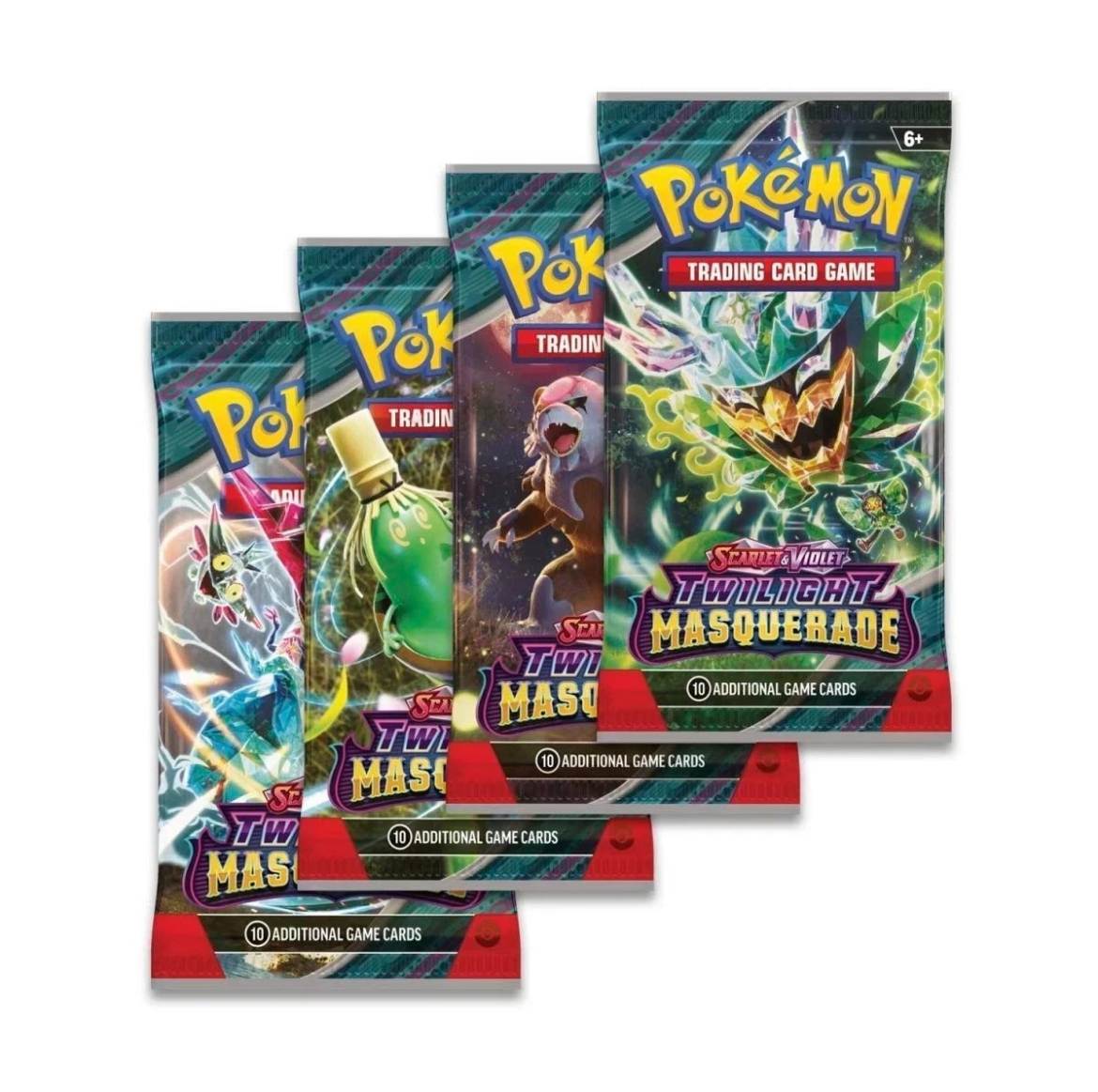 Four packs of Pokémon Trading Card Game Twilight Masquerade on a white background